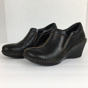 BORN Black Leather Wedge Slip On Clogs